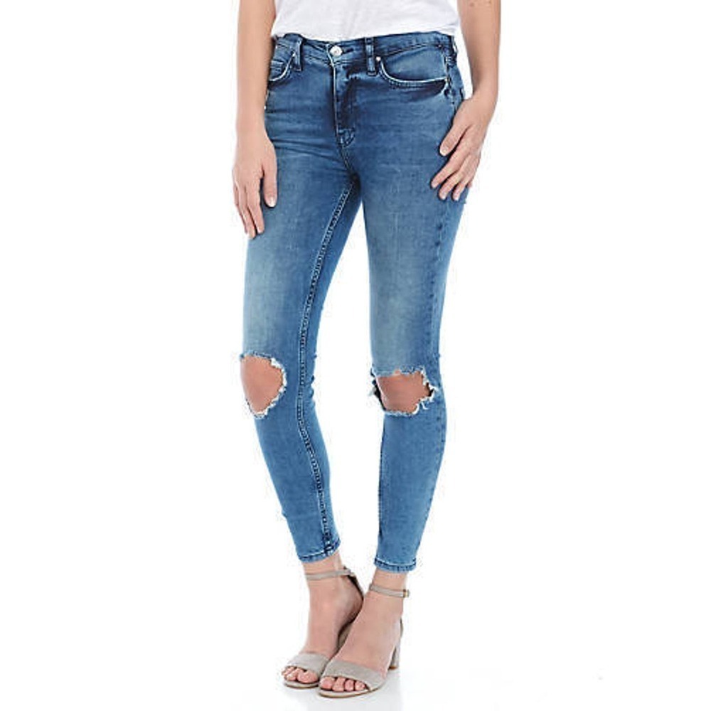 Free People Size 26 Long High Rise Busted Distressed Skinny Jeans Blue 5-Pocket